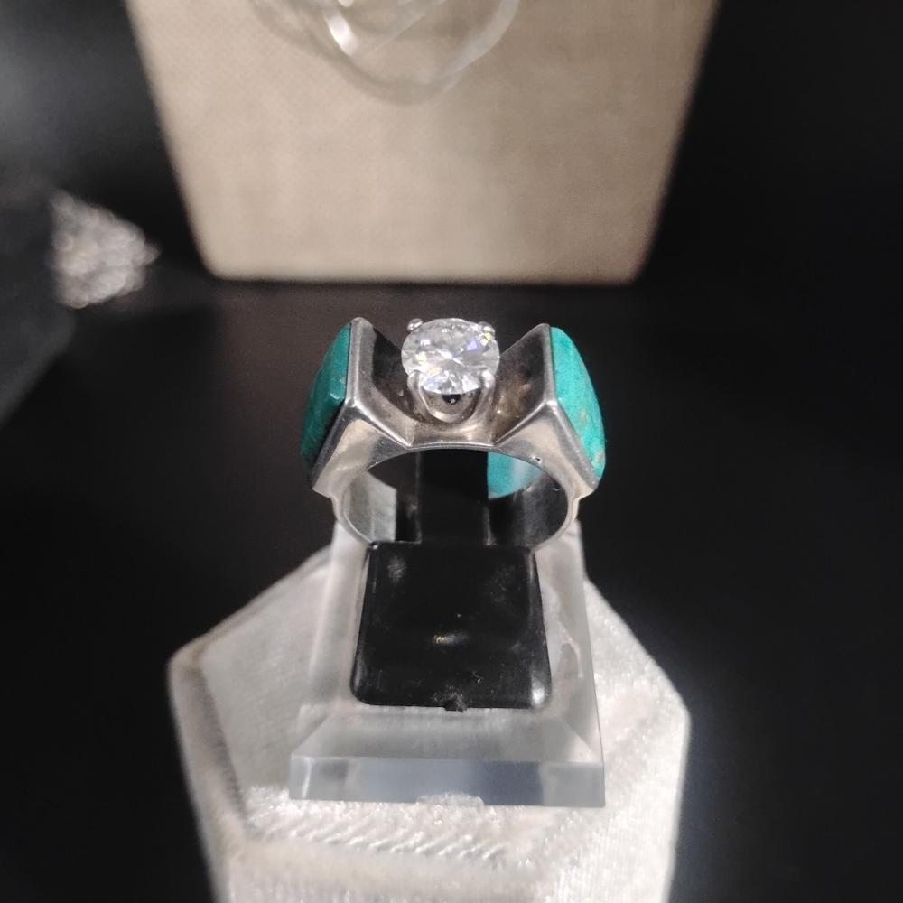 Turquoise Inlay Sterling Ring with Round 1.5ct Lab Created Diamond
